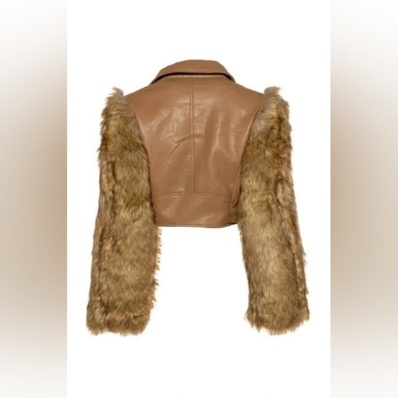 NWT Azalea Wang Cropped Nollie Faux Fur Arms Beige Moto Jacket Size XL - Picture 5 of 8